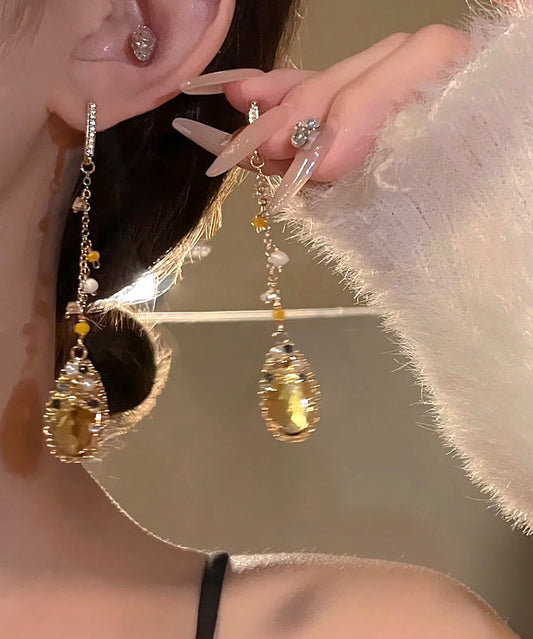 Gold Copper Overgild Zircon Crystal Pearl Tassel Water Drop Drop Earrings
