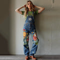 Vintage Kitty And Floral Oil Painting Art Jeans Jumpsuit elevenforest