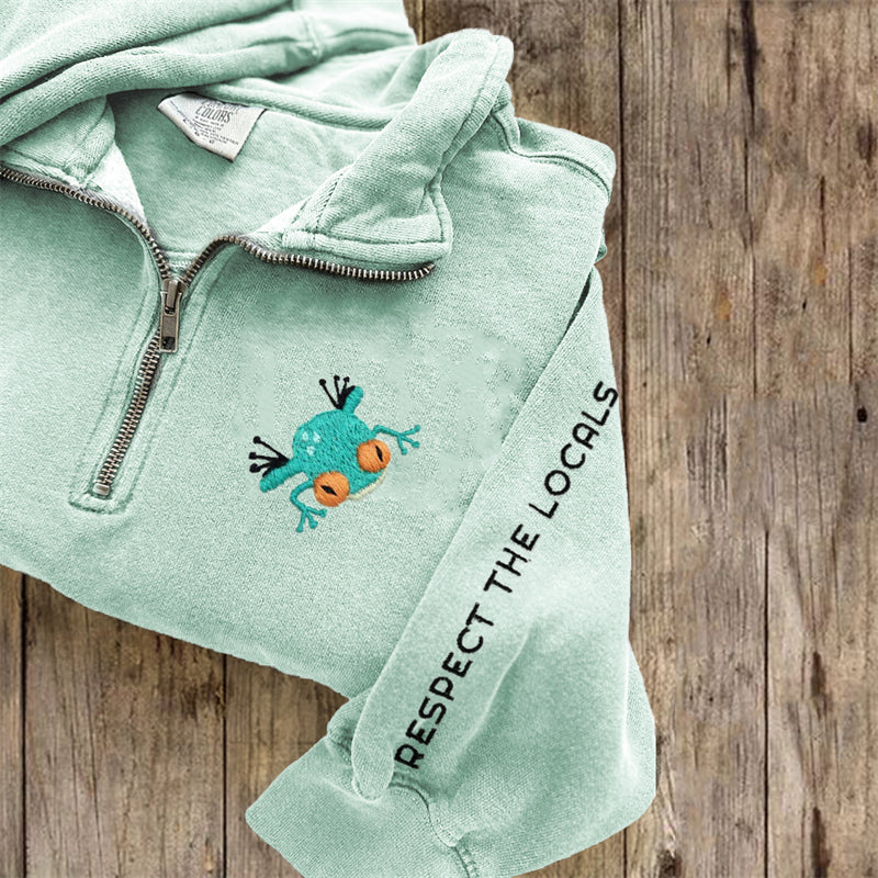 Comstylish Respect The Locals Frog Embroidered Zip Up Sweatshirt