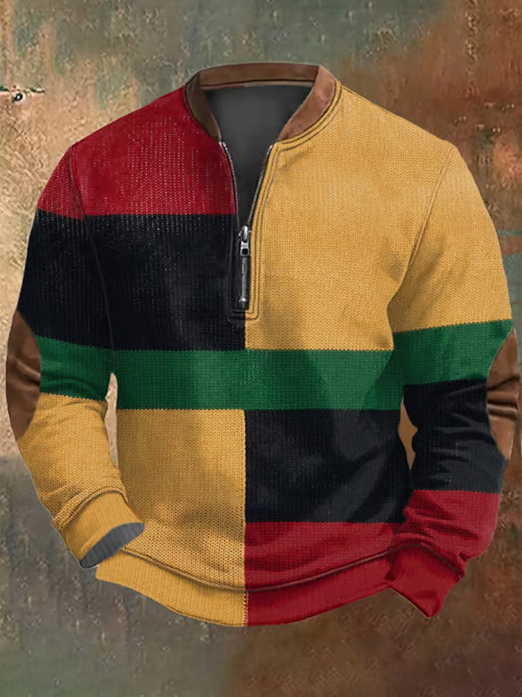Men's Retro Western Textured Print Zip Collar Sweatshirt artswardrobe