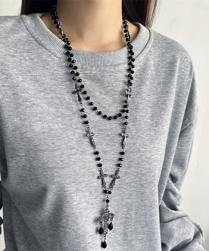 Black Acrylic Alloy Cross Gratuated Bead Necklace