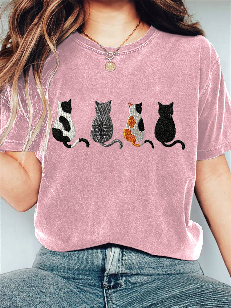Cat Embroidery Pattern Casual Cotton T-Shirt elevenforest
