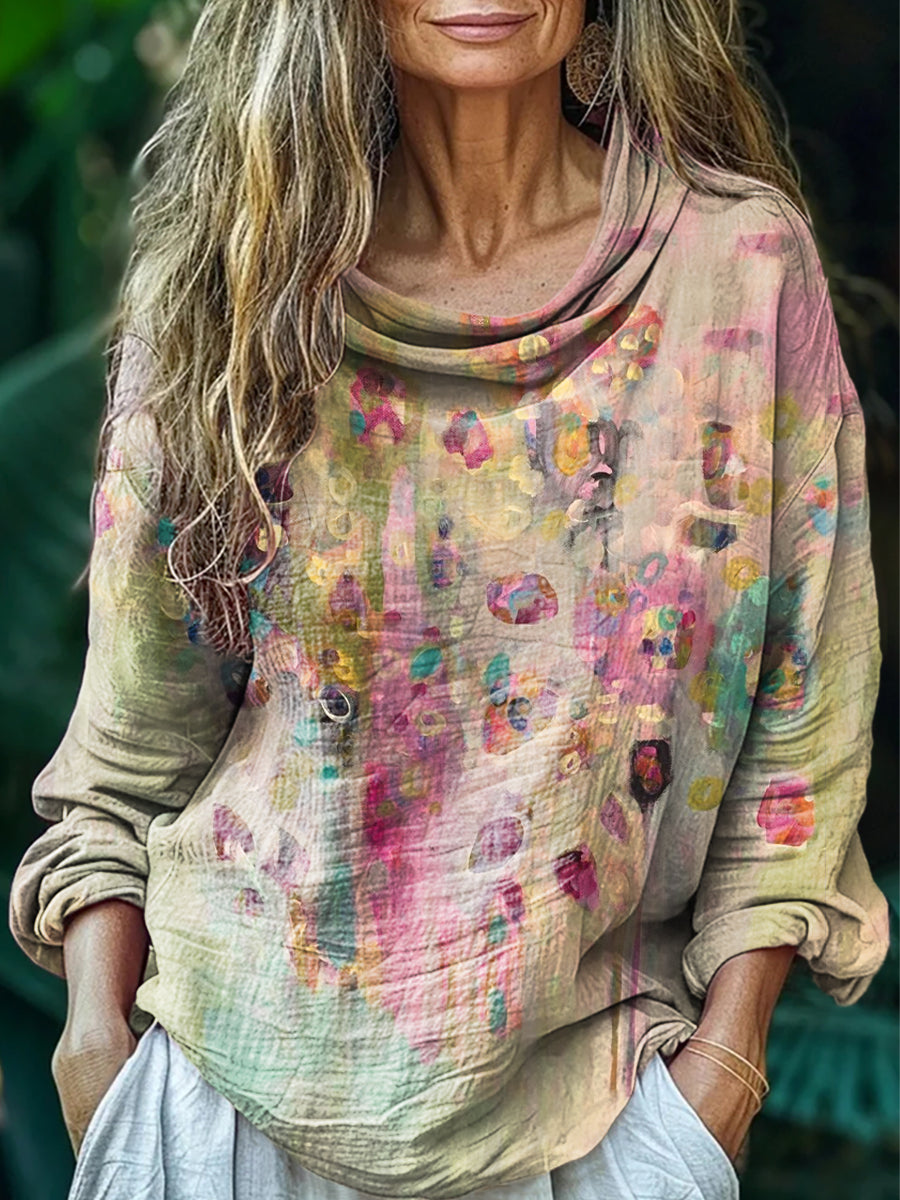 Women's Retro Watercolor Abstract Art Print Casual Stacked Lapel Long