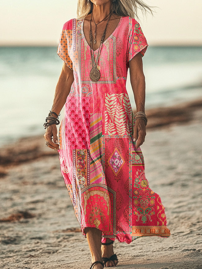 Women's Vintage Ethnic Floral Art Print Pocket Cotton Dress