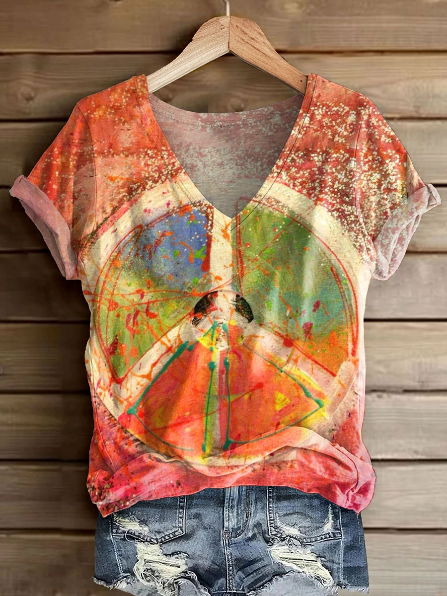 Women's Hippie Peace Graffiti Print V-Neck Short Sleeve Cotton T-Shirt