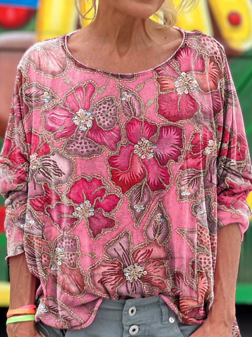 Women's Floral Texture Art Pattern Print Casual Long Sleeve T-shirt