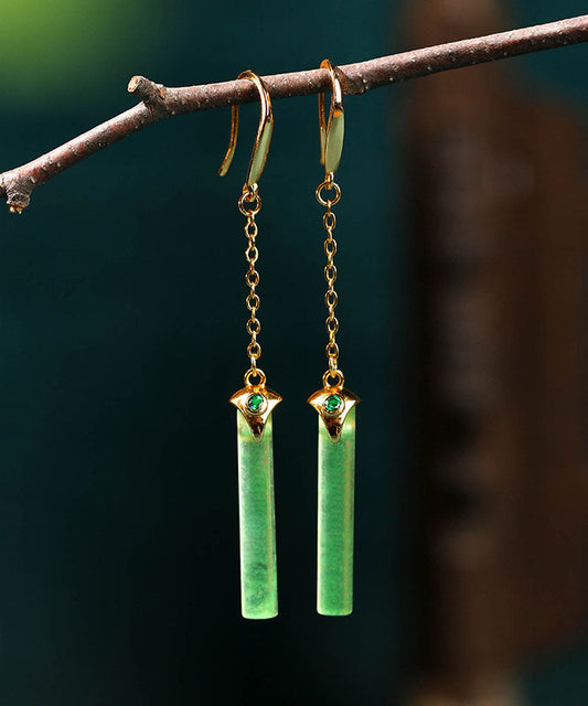 Green Ancient Gold Jade Rectangle Drop Earrings
