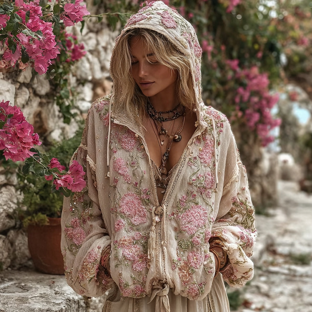 Comstylish Bohemian Style Pink Rose Vintage Zip-up Cardigan Hoodie
