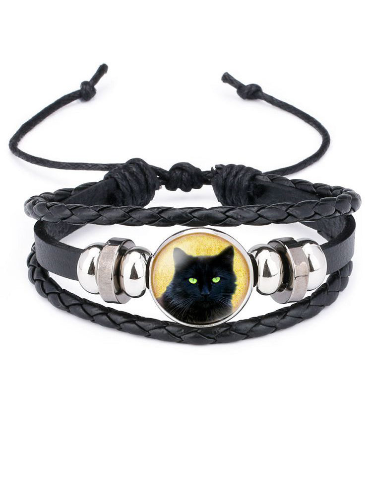 Black Cat Beaded Leather Woven Bracelet elevenforest