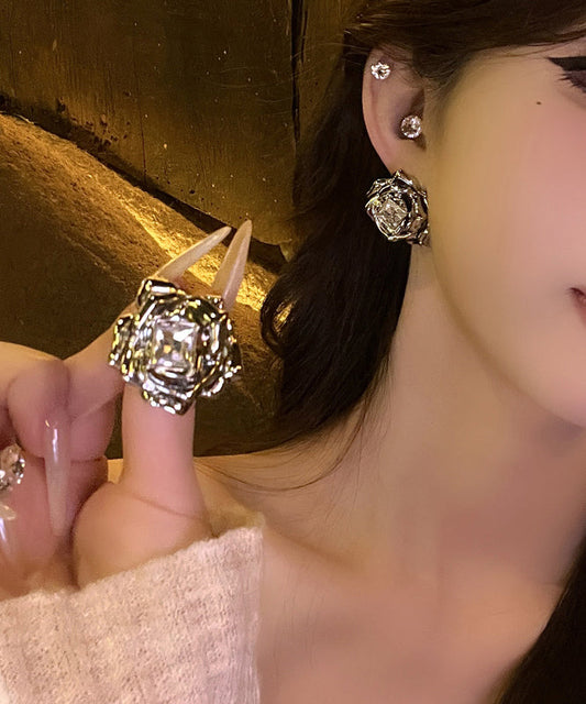 Fine Silk Metal Zircon Rose Stud Earrings