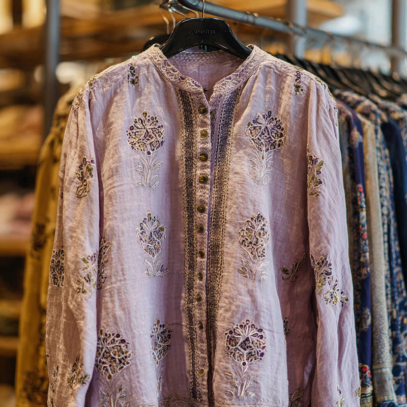 Women's Bohemian Floral Print Casual Linen Button-up Shirt elevenforest