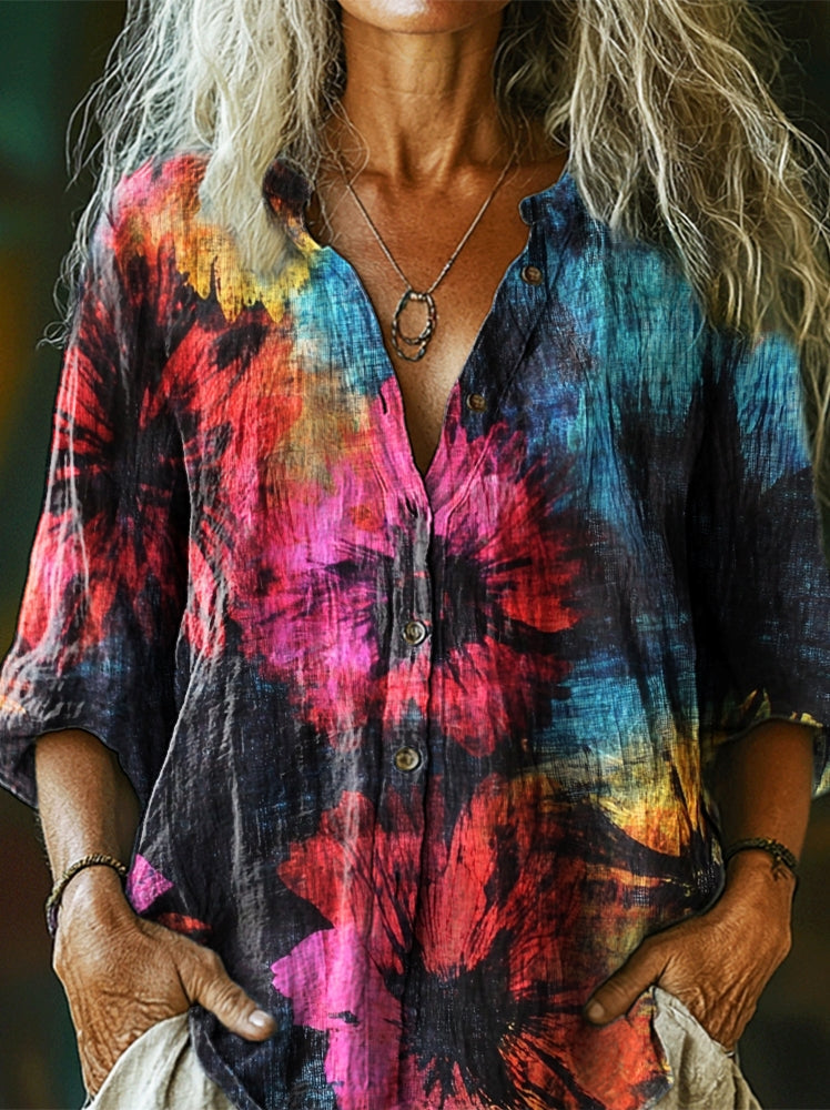 Women's Colorful Tie-dye Flower Art Print Casual Cotton Linen Shirt