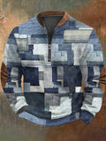 Men's Retro Western Textured Print Zip Collar Sweatshirt artswardrobe