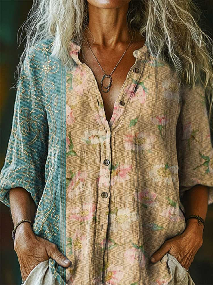 Floral Patchwork Pattern Art Print Cotton Linen Casual Women's Shirt