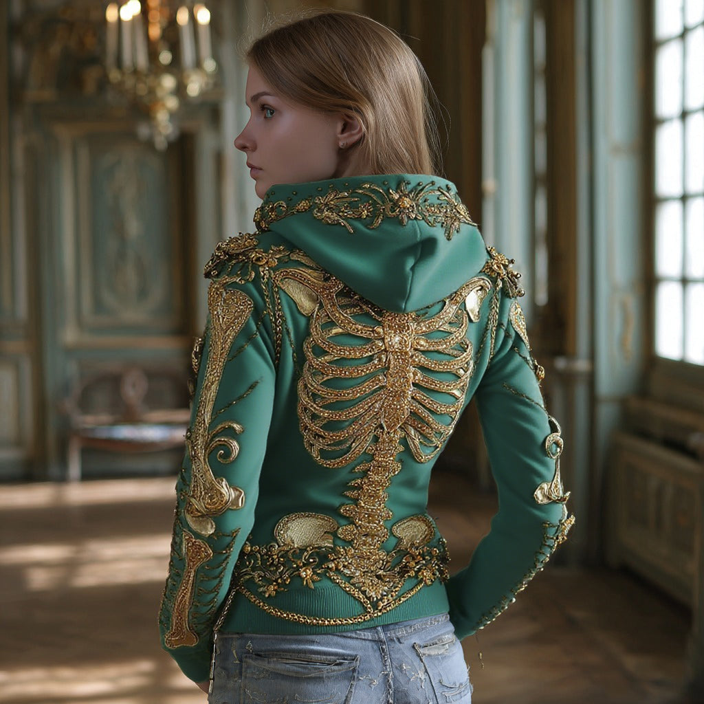 Comstylish Women's Gothic Skull And Floral Embroidered Hoodie