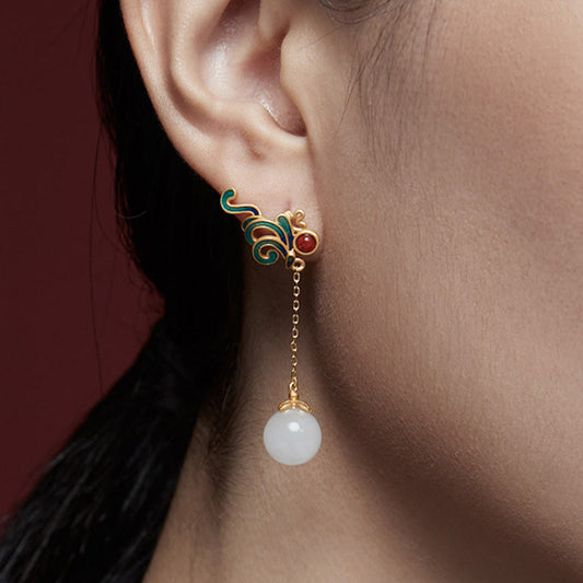 Buddha Stones White Jade Red Agate Bead Blessing Drop Dangle Earrings