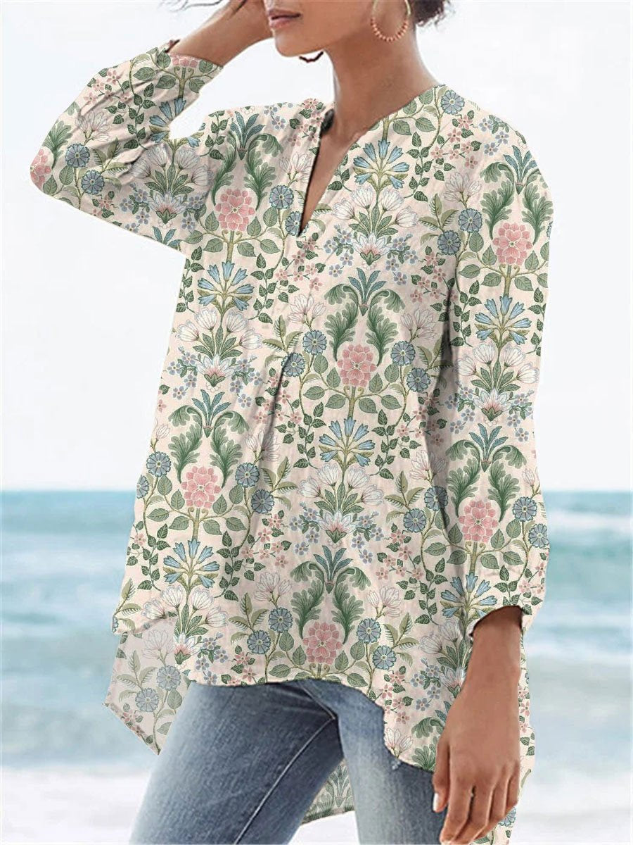 Women's Vintage Lovely Floral Art Print Casual Linen V-neck Shirt