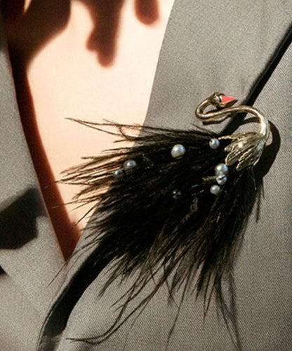 Black Alloy Pearl Swan Feather Brooches