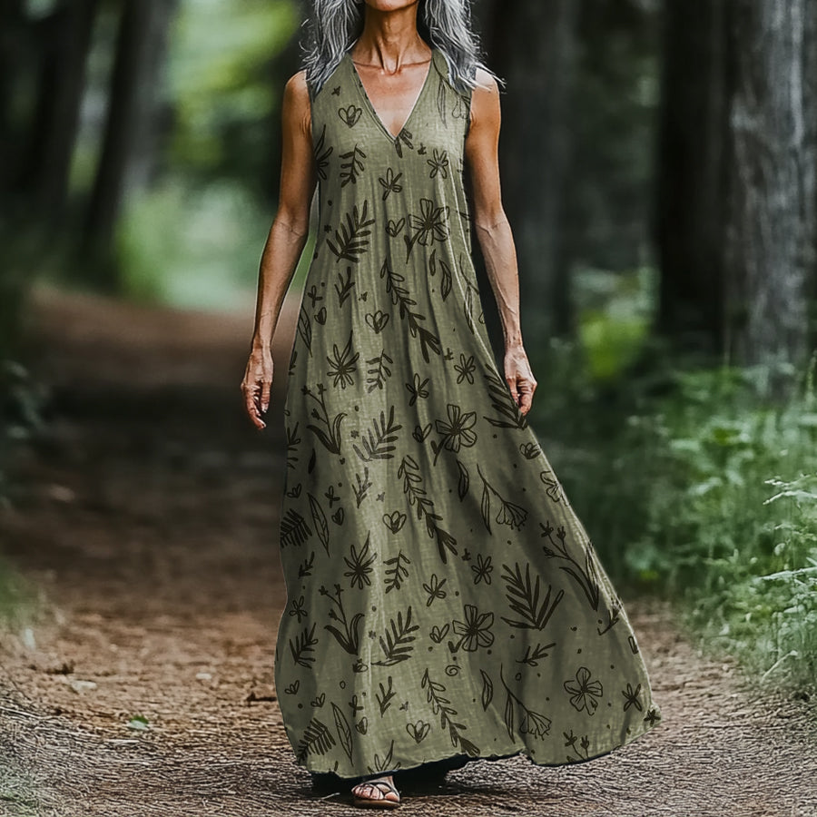 Women's Retro Ethnic Botanical Art Pattern Print V-neck Sleeveless Poc