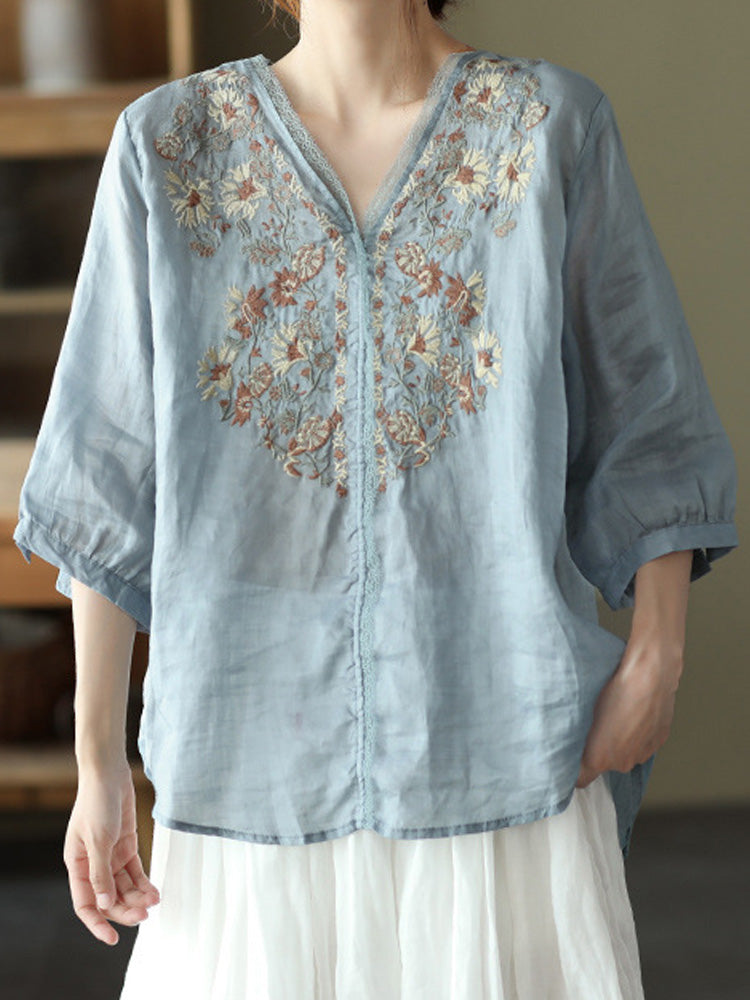 Comstylish Women's Casual Retro Ethnic Embroidery Cotton Shirt