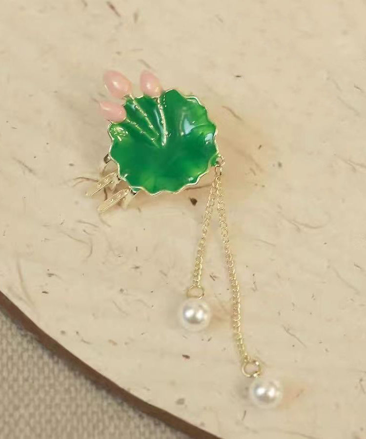 Green Sterling Silver Alloy Pearl Lotus Leaves Hairpin