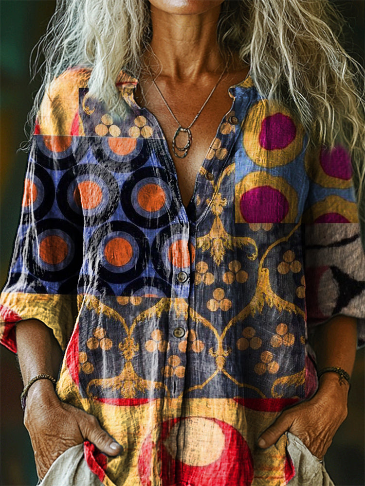 Women's Vintage Bohemian Floral Art Print Casual Cotton Linen Shirt