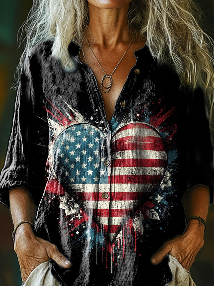 Women's Vintage Flag Love Art Print Casual Cotton Linen Shirt