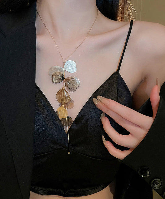 Gold Color Leaf Shape Petals Charm Long Necklace