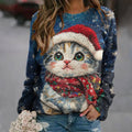 Comstylish Christmas Cat Print Round Neck Long Sleeve Casual Sweatshirt
