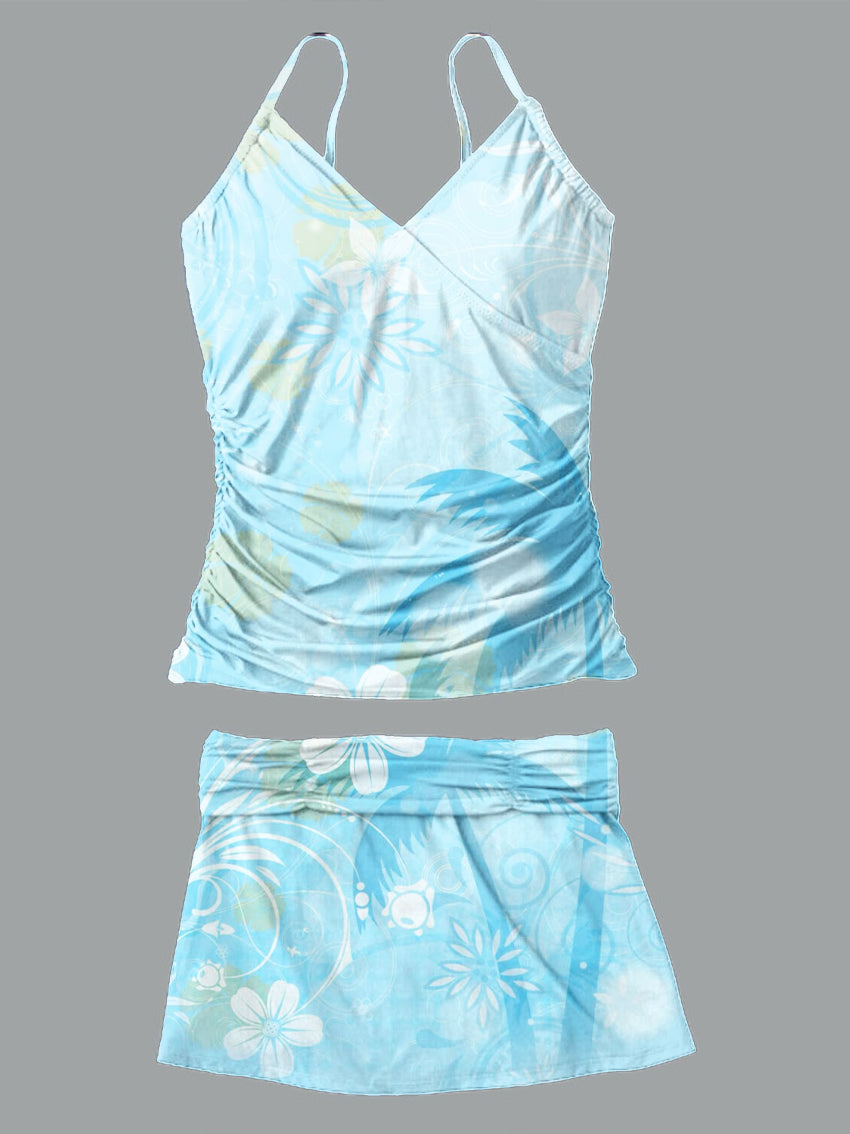 V-Neck Vintage Flowers Print Suspender Skirt Tankini Pantskirt Set Swimsuit