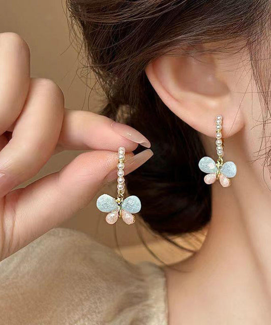 Rainbow Alloy Pearl Butterfly Hoop Earrings