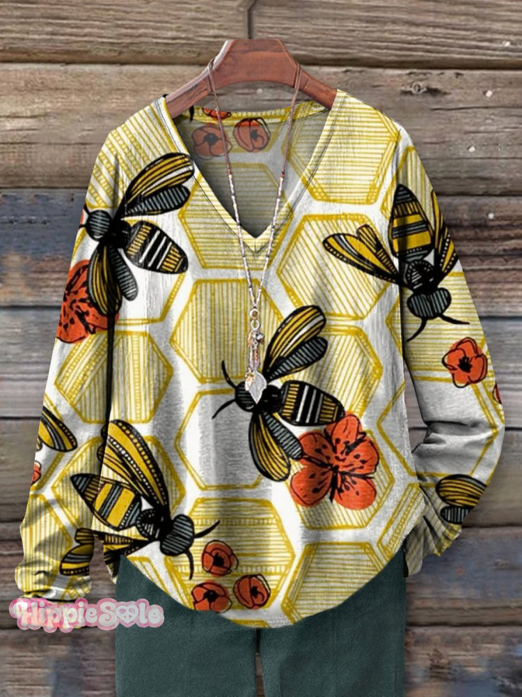 Women's Funny Bee Art Print Casual V-neck Long Sleeve T-shirt