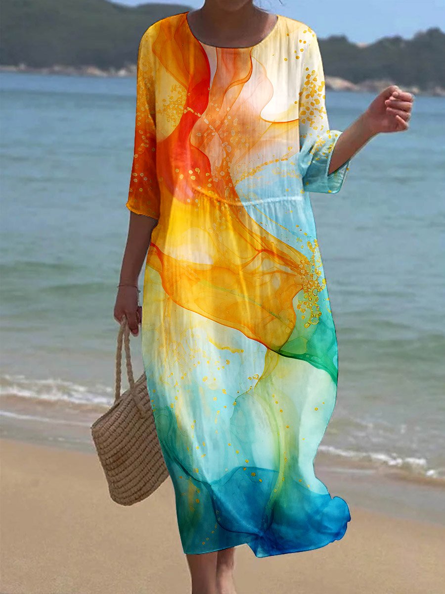Women's Watercolor Splash Fluid Art Print Flowy Dress