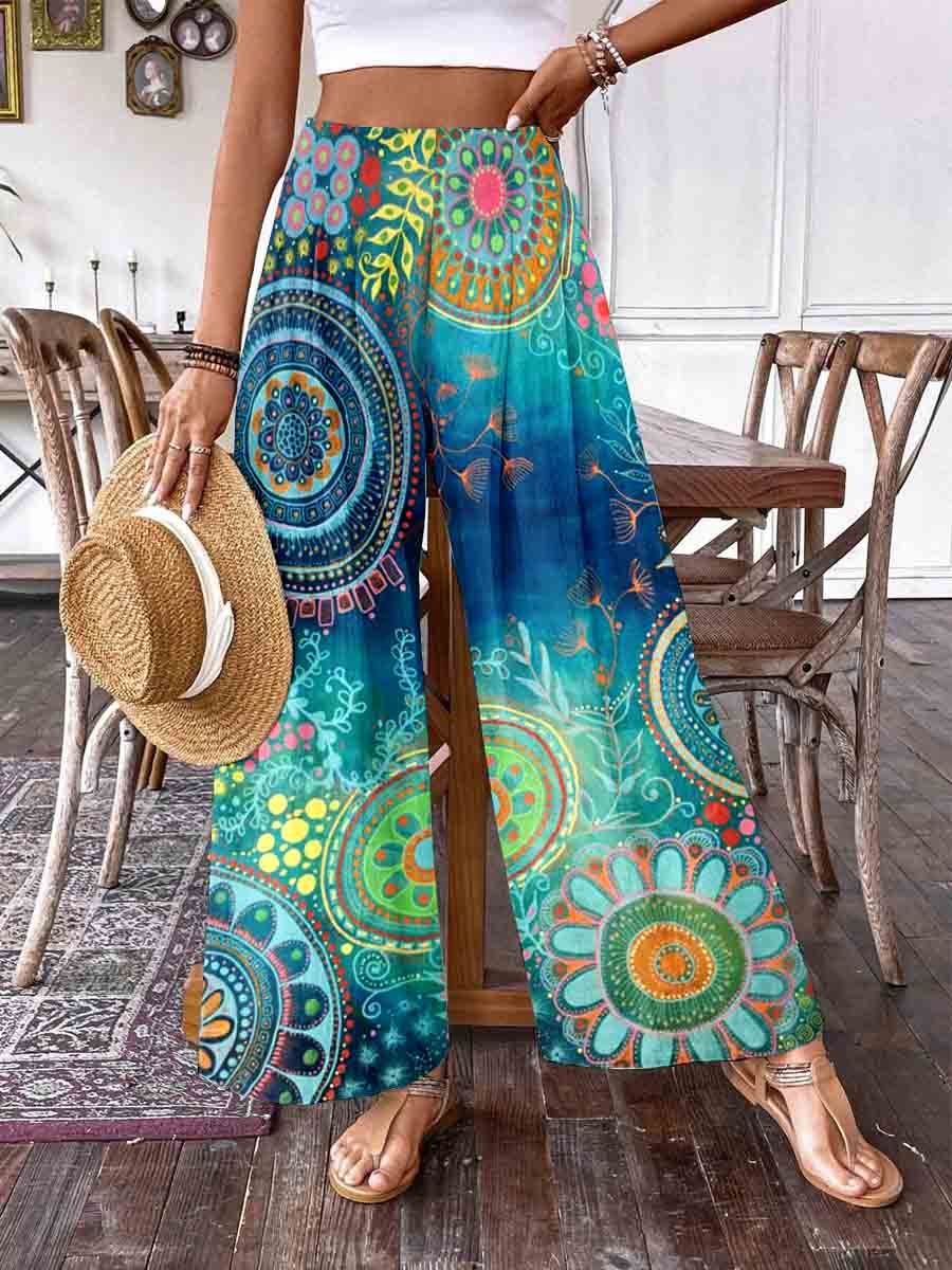 Women's Resort Style Bohemian Art Pattern Art Flower Wide Leg Pants