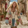 Comstylish Women's Vintage Patchwork Floral Art Cozy Knitted Zip-up Hoodie