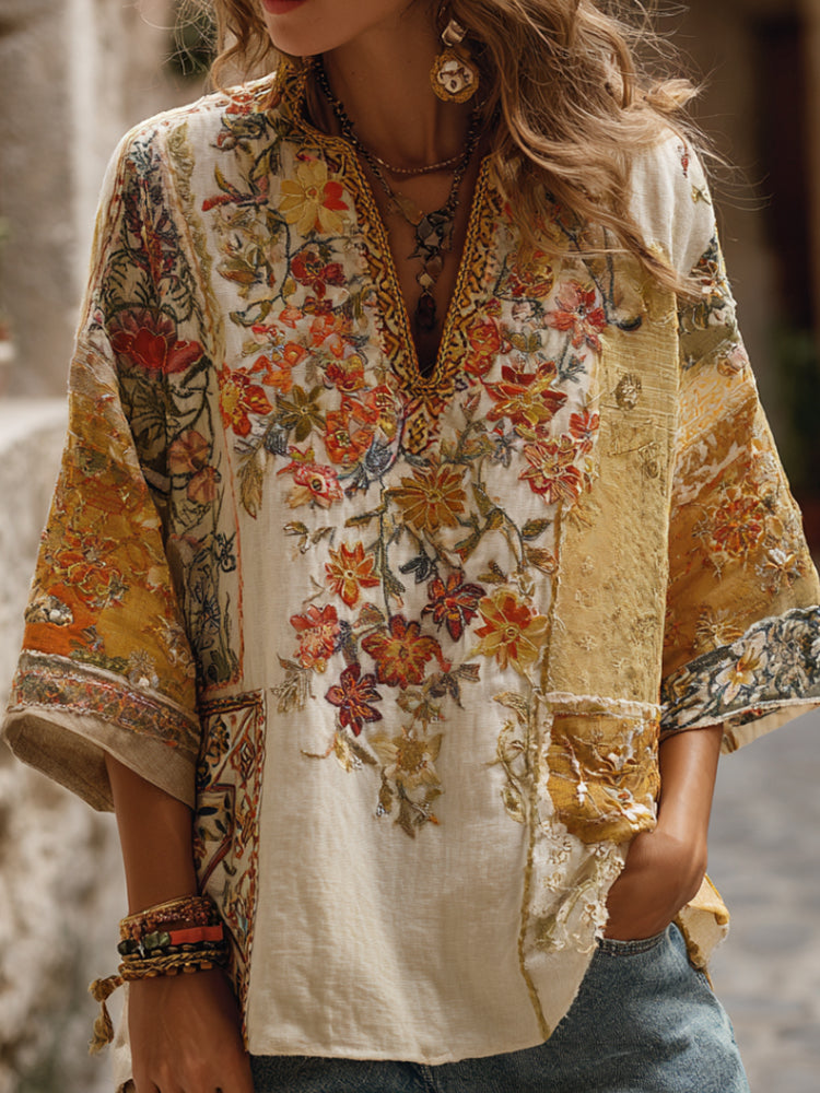 Bohemian Style Golden Patchwork Palace Retro Floral V-neck Short-sleeved Shirt artswardrobe