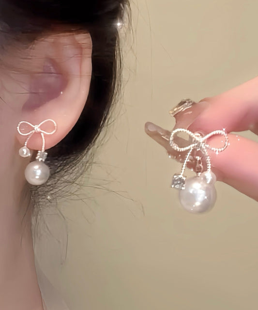 White Sterling Silver Alloy Pearl Bow Drop Earrings