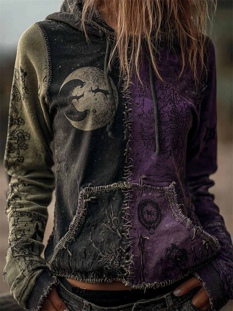 Comstylish Vintage Halloween Mystical Moon Colorblock Patchwork Hoodie