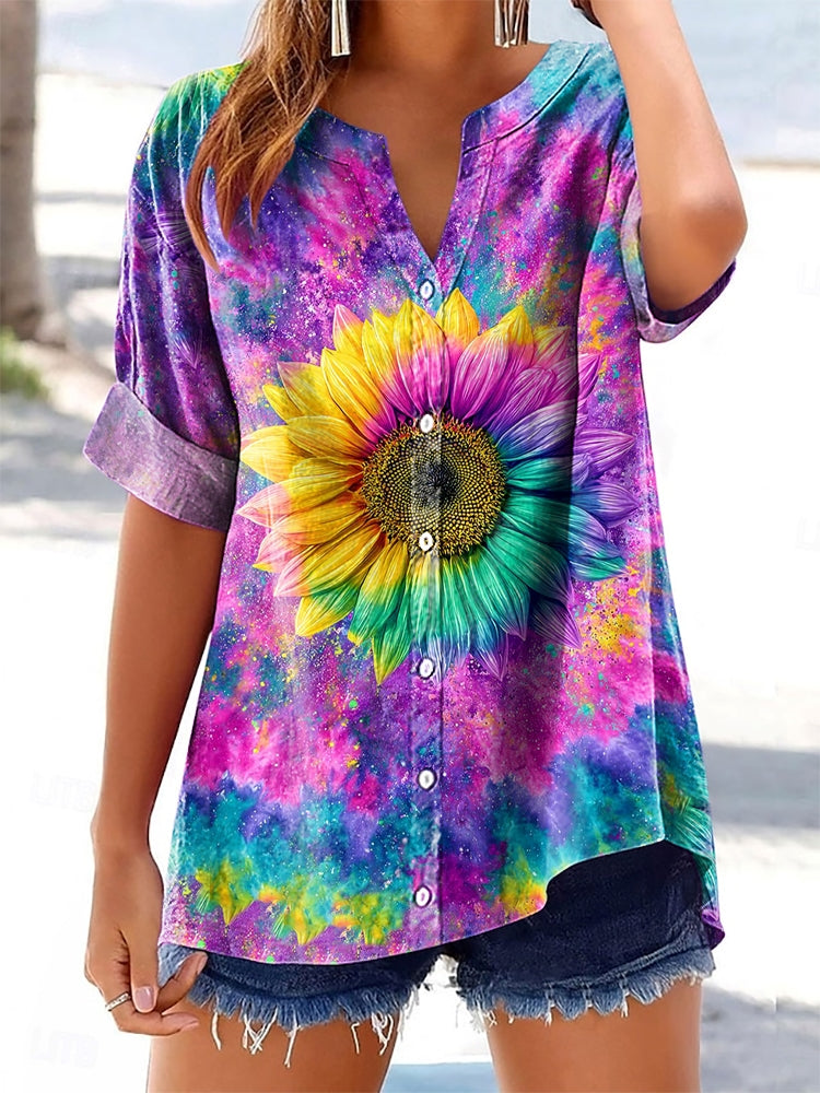 Women's Colorful Tie-Dye Sunflower Pattern Art Printed Cotton and Line