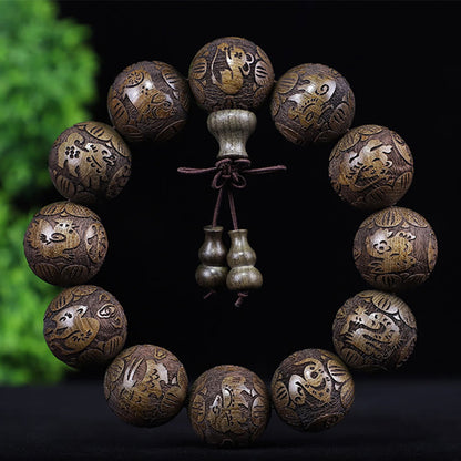 Buddha Stones Chinese Zodiac Rosewood Ebony Copper Coin Pixiu Carved Warmth Bracelet