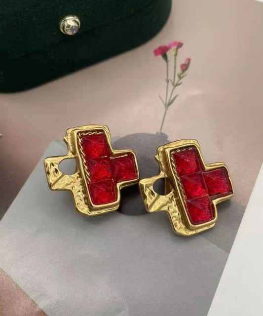 Diy Red Sterling Silver Overgild Crystal Asymmetric Stud Earrings