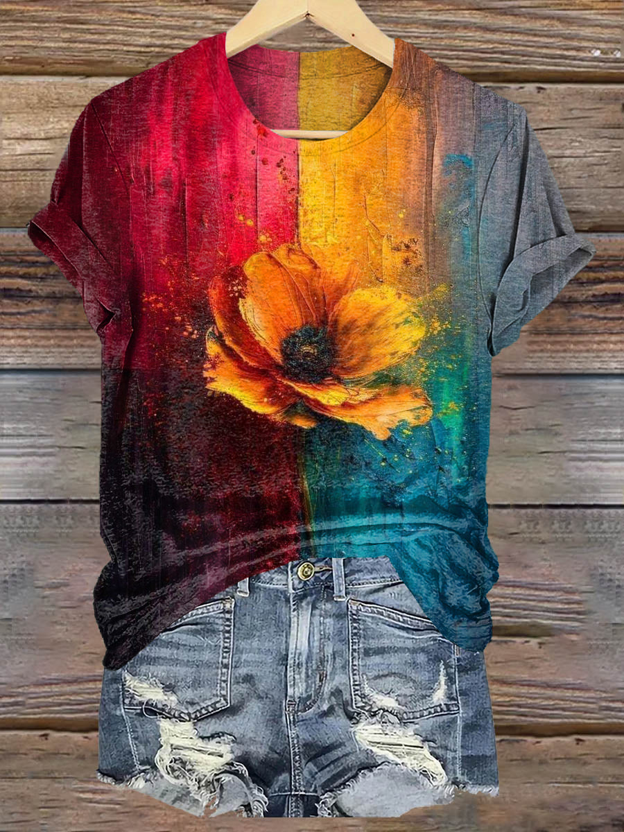 Vintage Floral Art Print Casaul Short Sleeve T-shirt