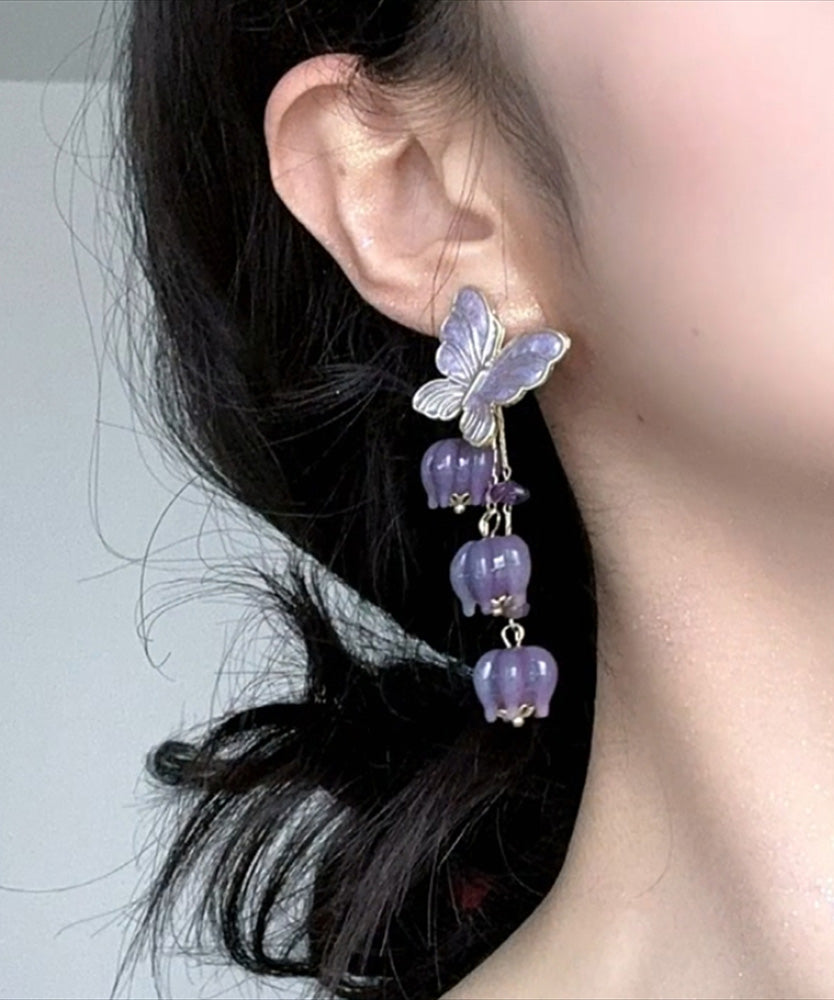 Purple Alloy Ringflower Butterfly Tassel Drop Earrings