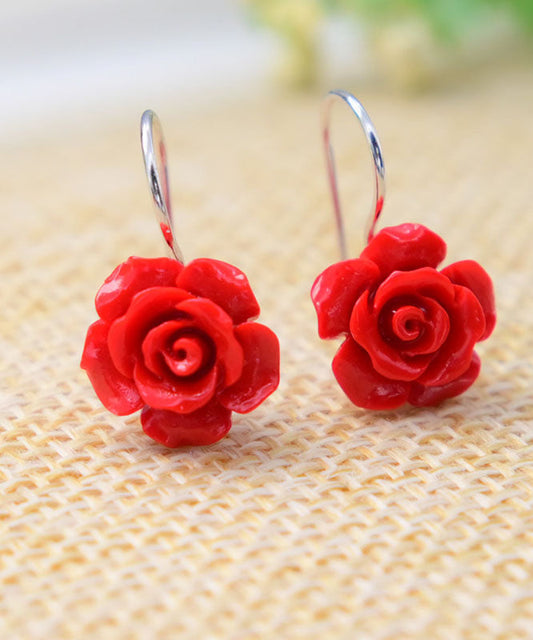 Red Sterling Silver Cinnabar Beeswax Rose Drop Earrings