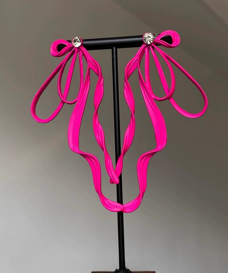 Unique Pink Alloy Zircon Bow Drop Earrings