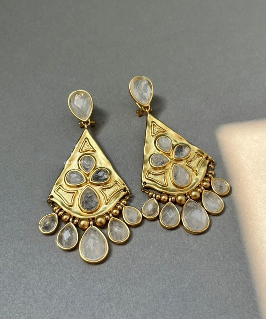Gold Copper Overgild Crystal Fan-shaped Water Drop Tassel Drop Earrings