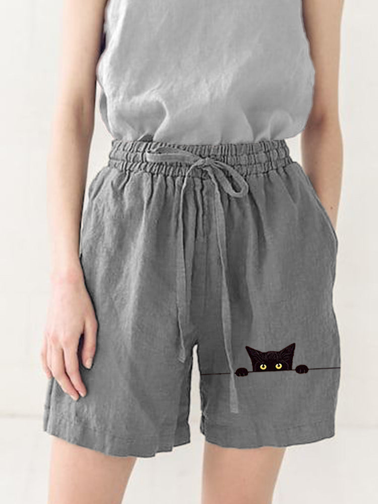 Women's Casual Funny Black Cat Print Short Pants elevenforest