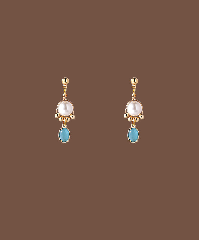 Original Gold Copper Alloy Cat Eye Stone Pearl Tassel Drop Earrings