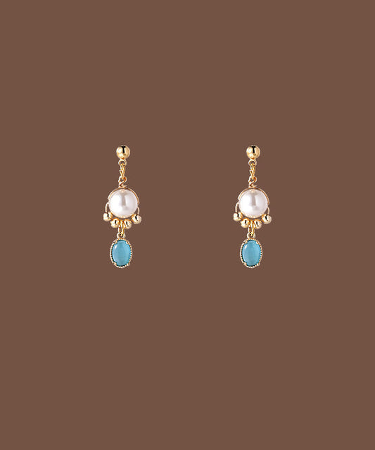 Original Gold Copper Alloy Cat Eye Stone Pearl Tassel Drop Earrings