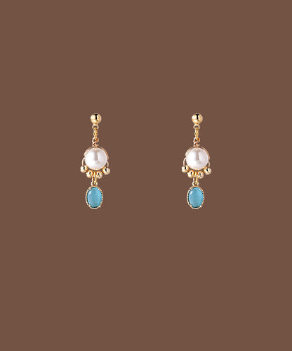 Original Gold Copper Alloy Cat Eye Stone Pearl Tassel Drop Earrings
